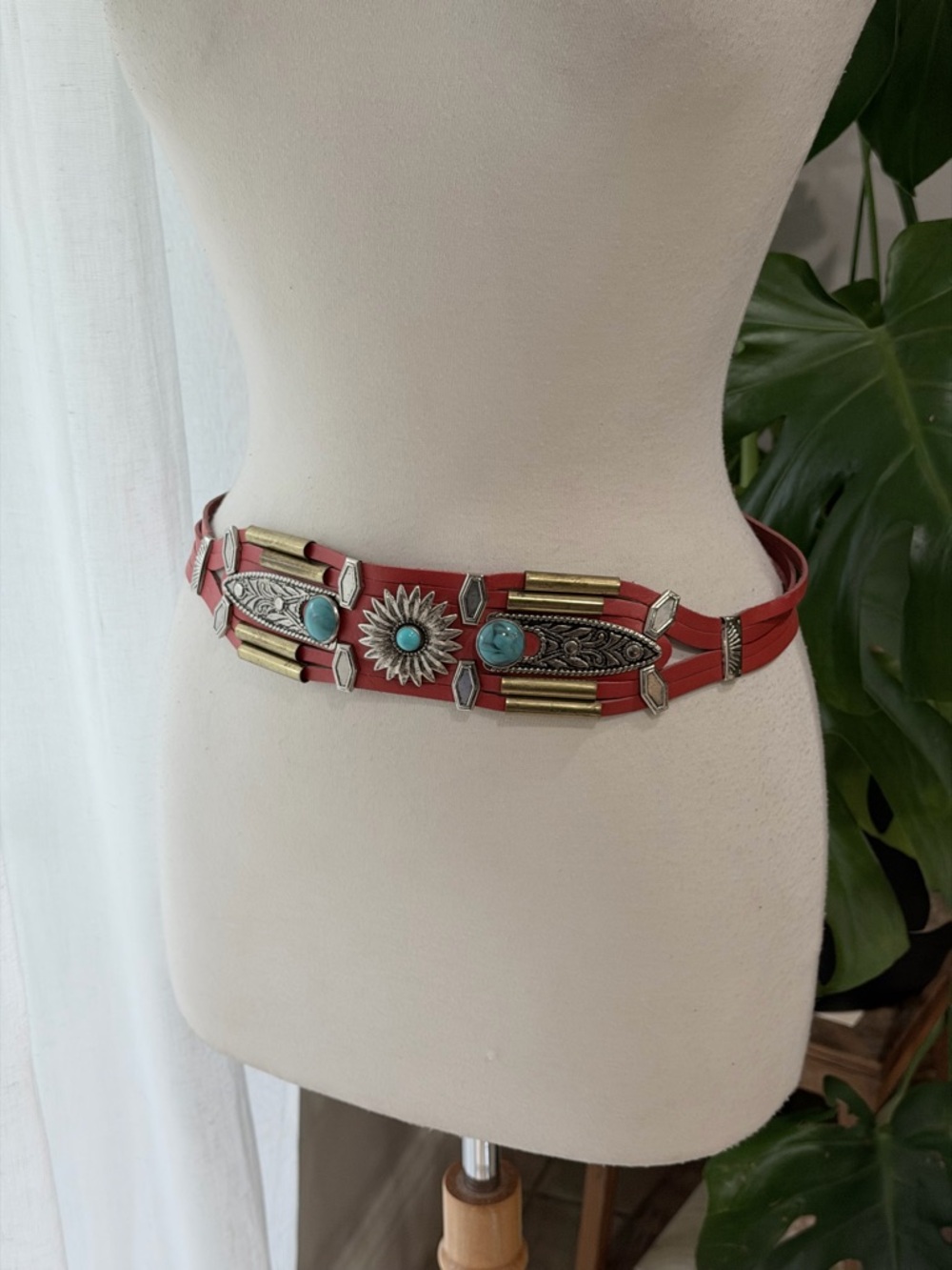 Boho Western Turquoise Concho Belt Red Leather Multi Strand 39”